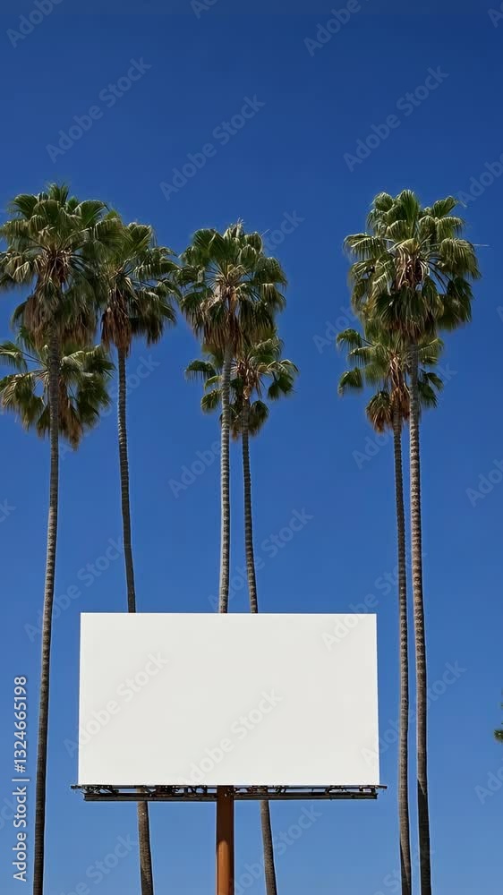 Bright blue sky with tall palm trees and a blank billboard in a coastal location during daylight hours