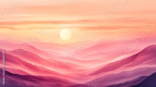 A colorful painted landscape of mountains under a bright sun
