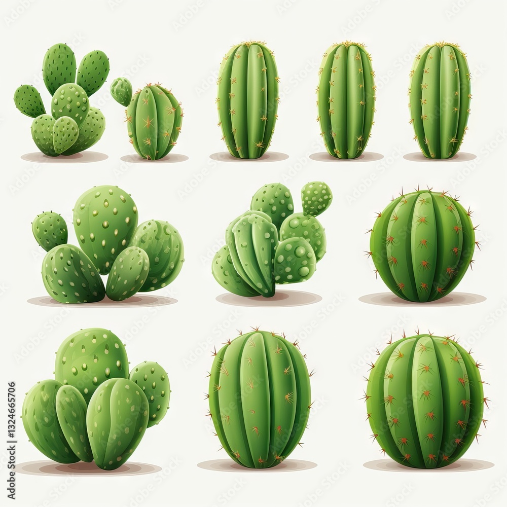 A Collection of 3D Rendered Cacti in Various Shapes and Sizes A Collection of 3D Rendered Cacti in Various Shapes and Sizes