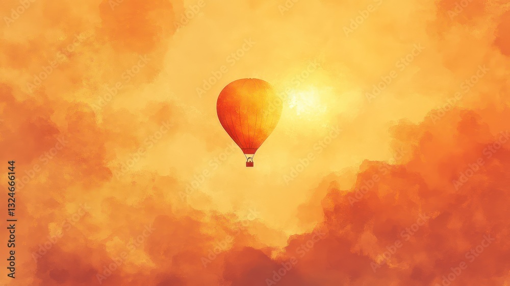 Fototapeta premium An orange hot air balloon ascends into an open sky