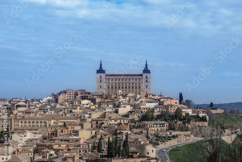 View of the historic city of Toledo with the Alcazar and the group of houses and streets in Toledo. Spain