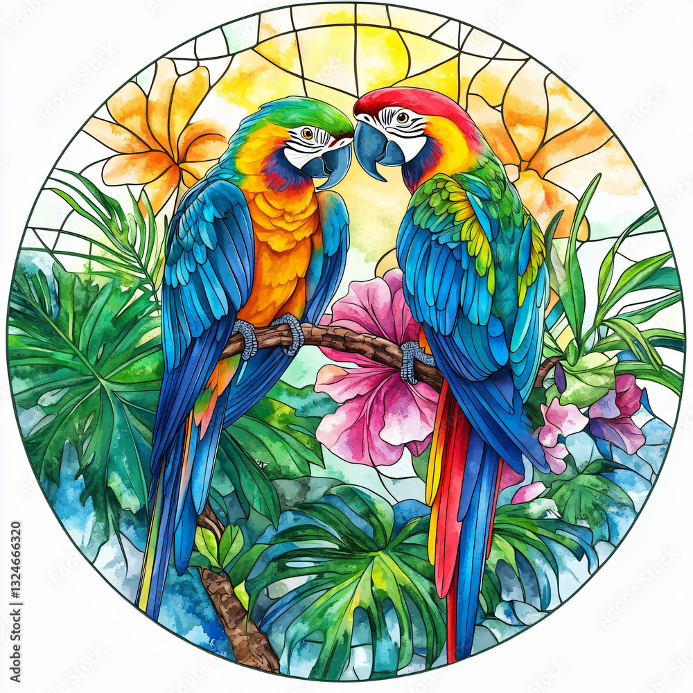 Obraz premium Vibrant parrots in tropical paradise nature artwork lush environment close-up view colorful wildlife representation for art enthusiasts