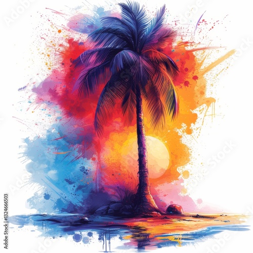 A colorful abstract representation of a palm tree on a white background illustration