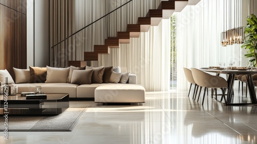 Modern Luxury Living Room Interior Design with Sophisticated Space with Open Floor Plan, Stylish Furniture, and Natural Light