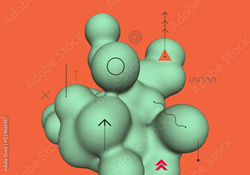 Abstract background with flowing liquid form. 3D liquid amorphous graphic element. Composition in dotwork style. Vector illustration for banner, flyer, poster, cover, brochure or presentation.