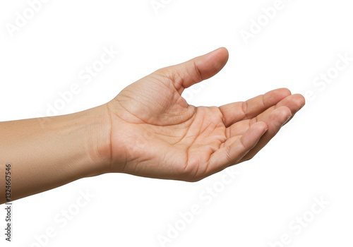 A close-up of a human hand extended in an open receiving gesture isolated on transparent background