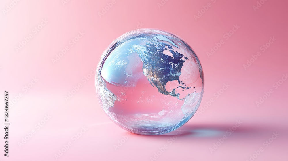 Glass globe. Planet Earth in a glass sphere on a pastel pink background, 3D illustration. Glass globe. Planet Earth in a glass sphere on a pastel pink background, 3D illustration.