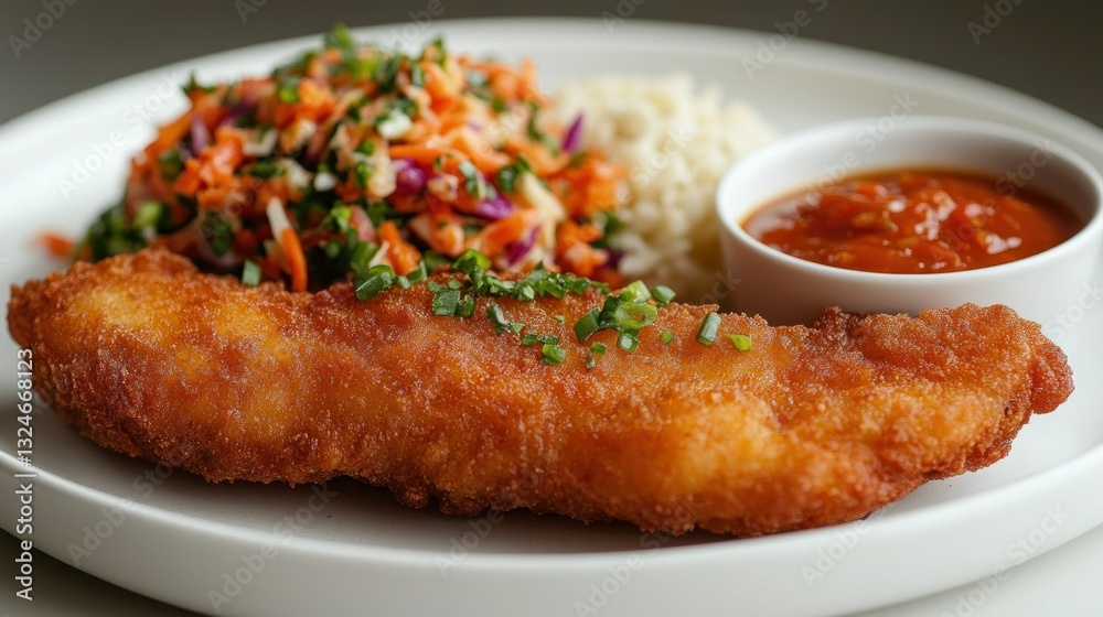 Fototapeta premium Crispy fish dish with slaw and rice
