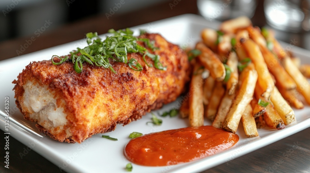Crispy Fish Cutlet with Fries & Sauce on Plate Crispy Fish Cutlet with Fries & Sauce on Plate