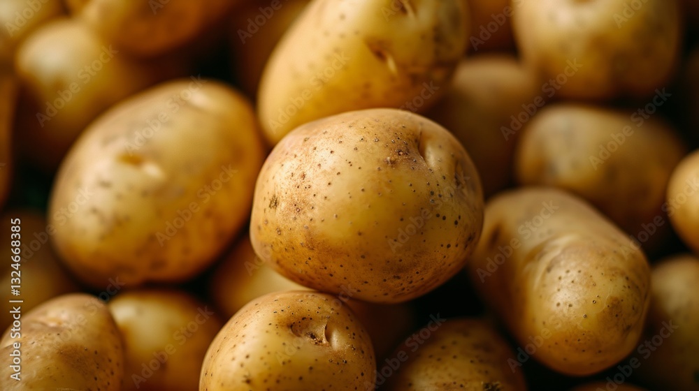 A creative arrangement of potatoes with one in sharp focus and others softly blurred in the background A creative arrangement of potatoes with one in sharp focus and others softly blurred in the background