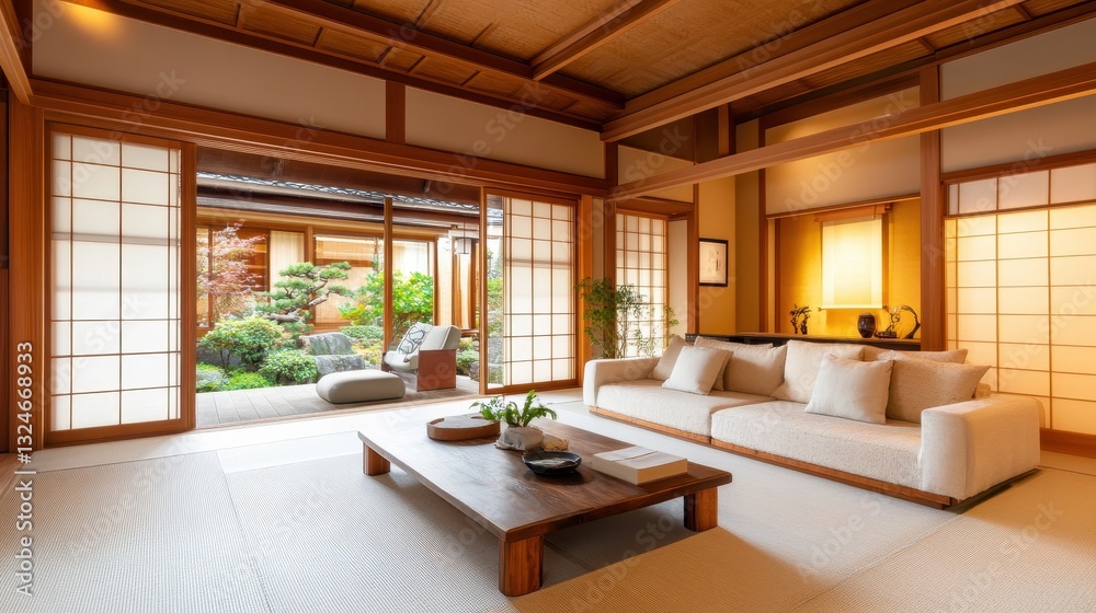 Tranquil living room with a view of an inviting garden space Tranquil living room with a view of an inviting garden space