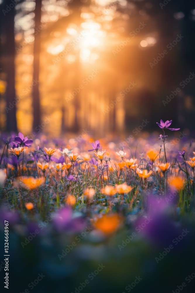 Obraz premium Beautiful colorful wild flowers in deep foggy forest with sun light in Spring.