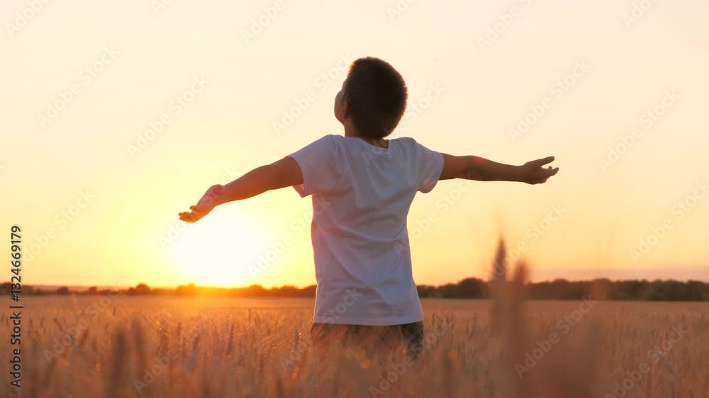 Happy teenager boy standing with open hands at autumn wheat field sunset sunrise sun light back view. Male teen relaxing outdoor enjoy freedom fresh air and childhood at dusk sky rye meadow closeup Happy teenager boy standing with open hands at autumn wheat field sunset sunrise sun light back view. Male teen relaxing outdoor enjoy freedom fresh air and childhood at dusk sky rye meadow closeup