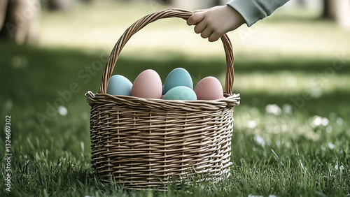 Child's hand clutching wicker basket of Easter eggs before blurred spring meadow, Easter egg hunt, Easter celebration, blurred background