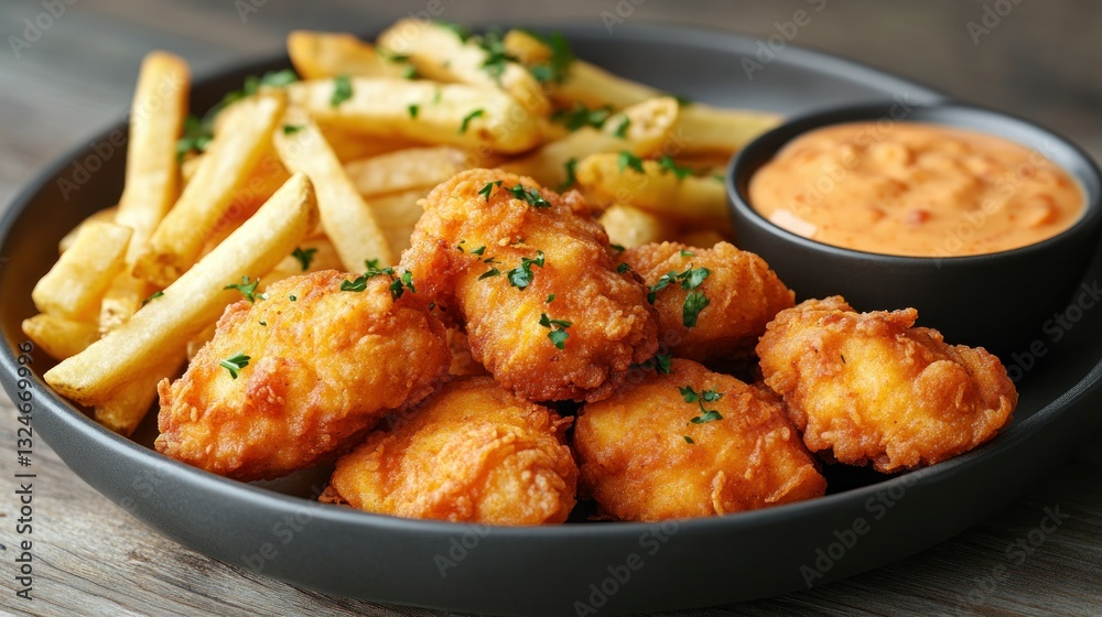 Crispy Fish Fingers & Fries with Dip on Wooden Table