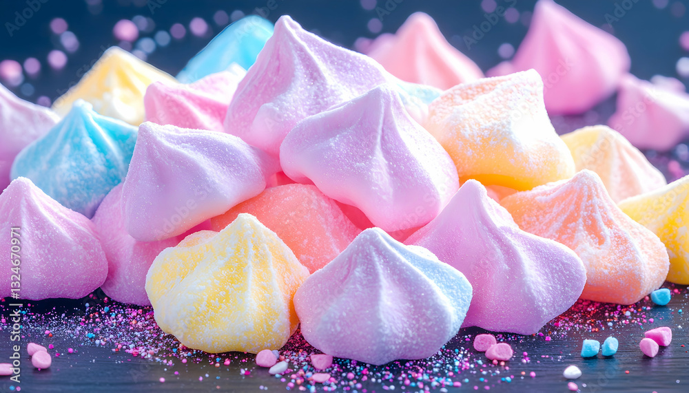 Colorful meringue cookies piled high, sprinkled with glitter Colorful meringue cookies piled high, sprinkled with glitter