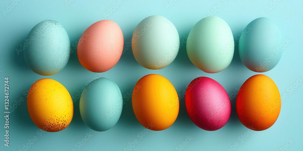 Colorful pastel and vibrant Easter eggs arranged on blue background