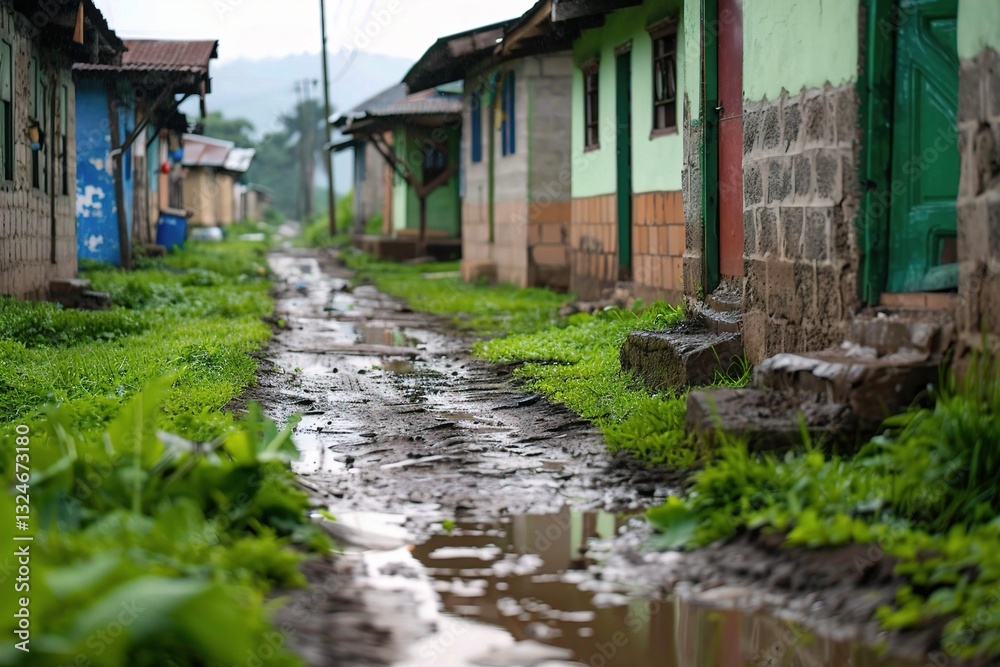 A serene village lane featuring mud and puddles, flanked by colorful houses amidst lush greenery. Symbol of Stability and Comfort A serene village lane featuring mud and puddles, flanked by colorful houses amidst lush greenery. Symbol of Stability and Comfort