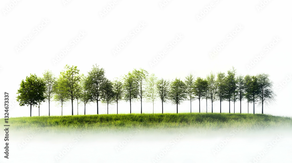 Obraz premium Green Trees Growing on Hill with Lush Grass and Misty White Background Under Clear Sky