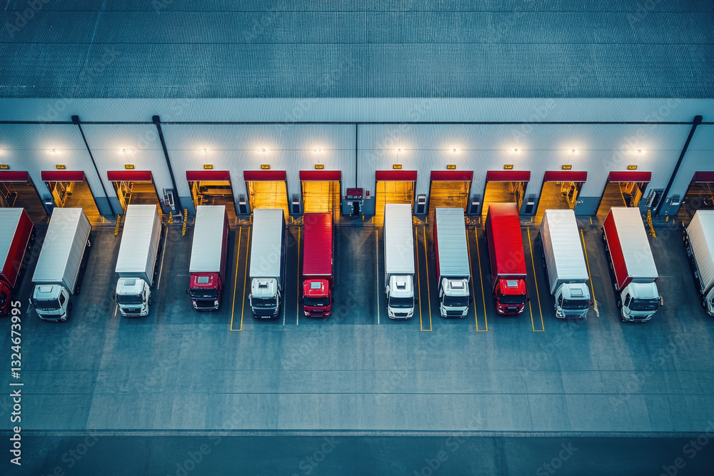 Fototapeta premium Trucks parked at loading docks. Aerial view of many trucks at distribution center. Night scene with illuminated bays for cargo shipping logistics.