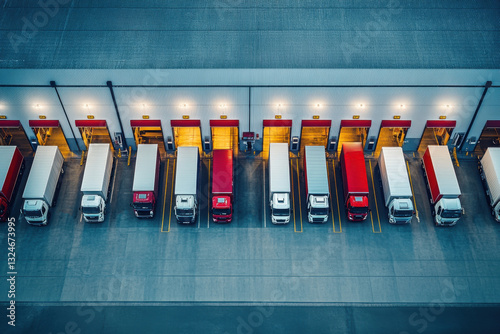 Trucks parked at loading docks. Aerial view of many trucks at distribution center. Night scene with illuminated bays for cargo shipping logistics.