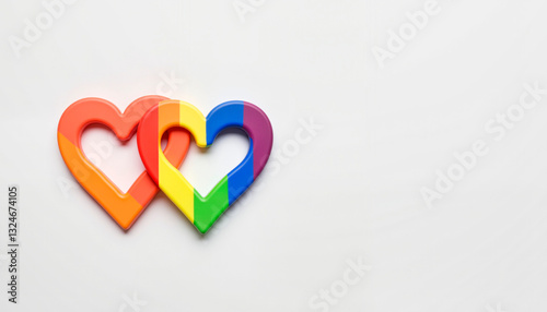 Interlocked rainbow hearts on white background, love and unity for promotions during Pride Month, copy space