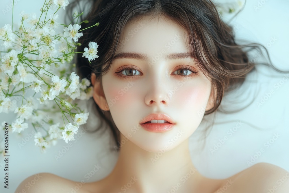 Young woman portrait with white flowers lying down. Beauty concept. Soft makeup look with brown hair on bright background. Natural look. Young woman portrait with white flowers lying down. Beauty concept. Soft makeup look with brown hair on bright background. Natural look.