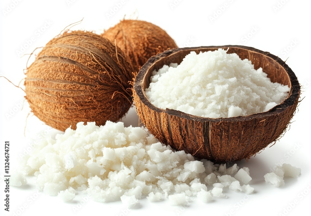 Organic coconut shells with fine coconut flakes displayed on a white background, perfect for food styling and tropical themed culinary projects. Organic coconut shells with fine coconut flakes displayed on a white background, perfect for food styling and tropical themed culinary projects.