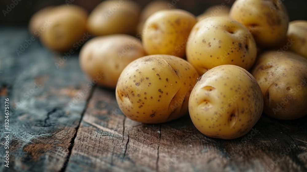 A detailed perspective of a selection of potatoes with golden brown skins illuminated against a neutral background A detailed perspective of a selection of potatoes with golden brown skins illuminated against a neutral background