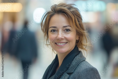 Wallpaper Mural Smiling woman looks at camera. She is in a busy public space. Wearing a gray coat and dark scarf. Medium brown curly hair. Torontodigital.ca