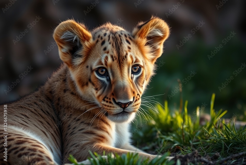 Naklejka premium Close-Up of a Young Lion Cub Relaxing on Green Grass in Nature