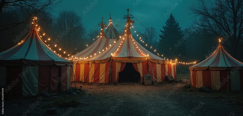 Abandoned circus tents at twilight with string lights. Red, white striped canvas under dark sky. Eerie carnival scenery, nobody. Empty tents in forest, old, vintage atmosphere. Perfect background for