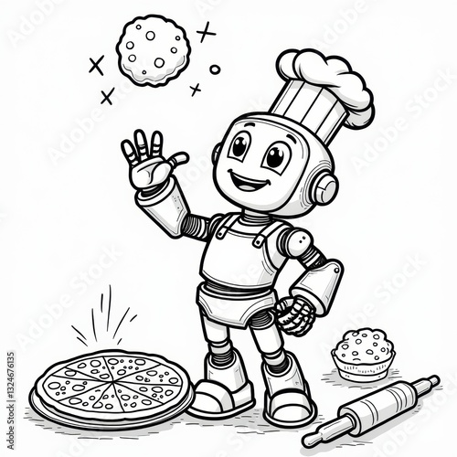 Happy Robot Cooking in a Kitchen – Simple Line Art