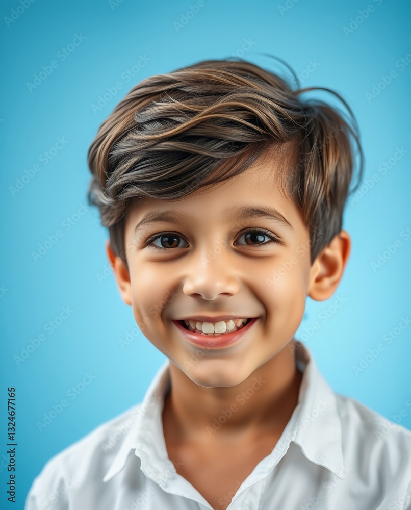 Portrait of a Cheerful Young Boy with Light Brown Hair and Bright Smile Against a Blue Background Portrait of a Cheerful Young Boy with Light Brown Hair and Bright Smile Against a Blue Background