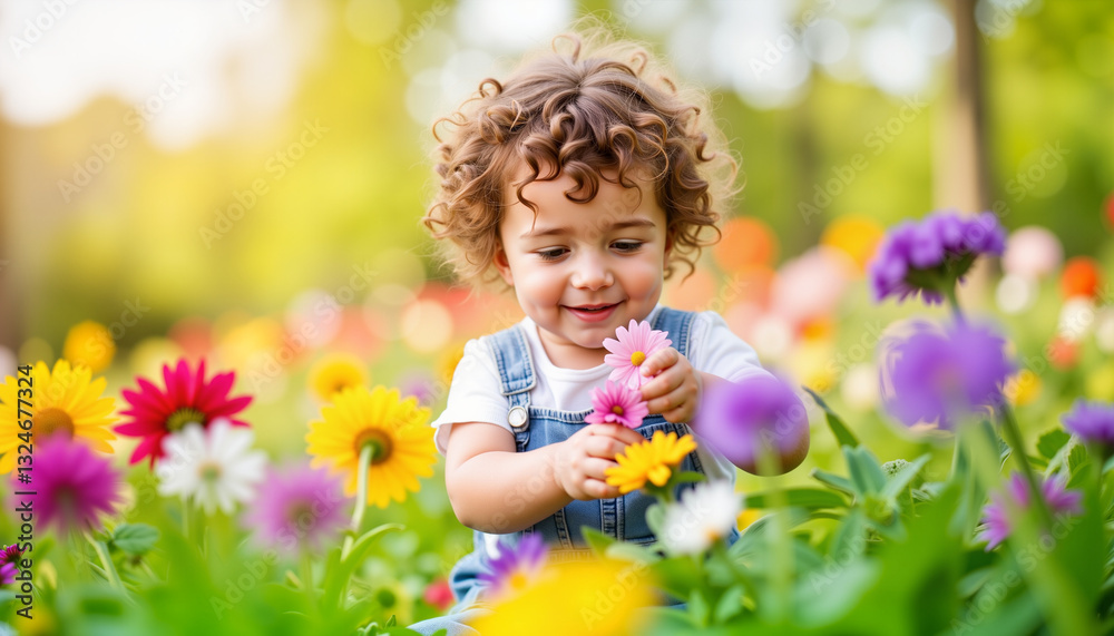 Toddler joyfully picking colorful flowers in vibrant garden, springtime Toddler joyfully picking colorful flowers in vibrant garden, springtime