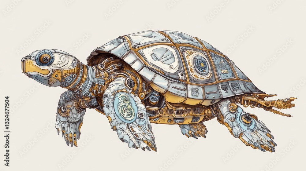 Fototapeta premium Turtle designed in Steampunk style. The mechanical animal can be colored. It's a vector illustration from a coloring book. 