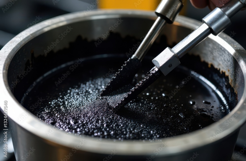 mixing a sample of polymer modified bitumen with SBS and rubber crumb to test the wear resistance of the material in road pavement mixing a sample of polymer modified bitumen with SBS and rubber crumb to test the wear resistance of the material in road pavement