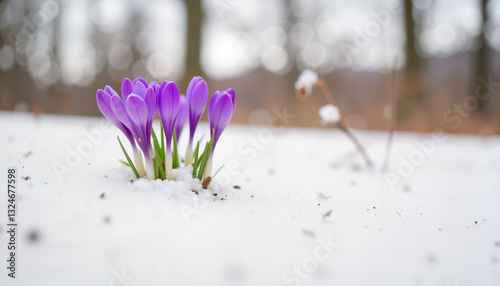 Crocuses emerging from snow in barren landscape, transition to spring