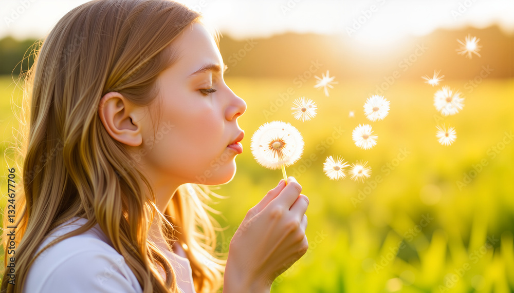 Young girl blowing dandelion seeds in sunny meadow, making a wish Young girl blowing dandelion seeds in sunny meadow, making a wish
