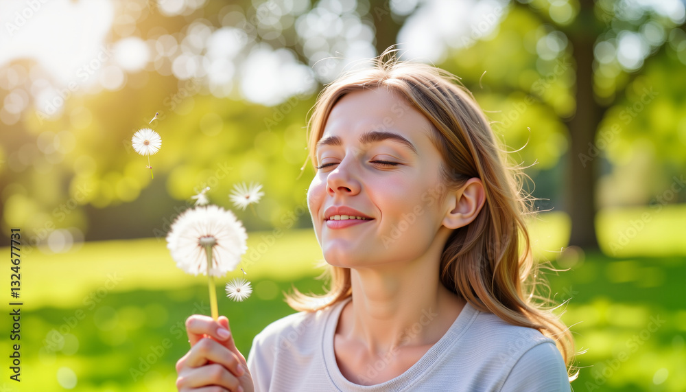Smiling girl blowing dandelion seeds in sunny park, carefree joy Smiling girl blowing dandelion seeds in sunny park, carefree joy