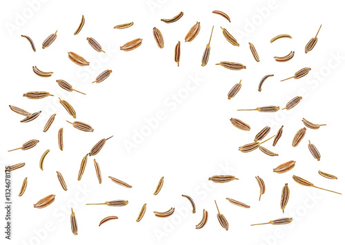 Dried caraway seeds isolated on a white background, top view. Cumin - seasoning for food cooking of worldwide kitchen.