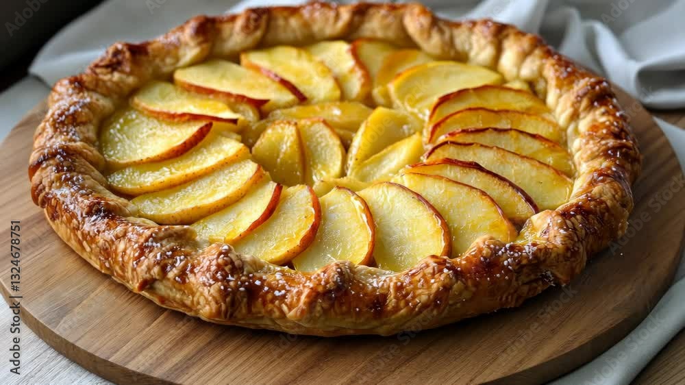 Golden baked apple tart on rustic wooden board with flaky crust glazing