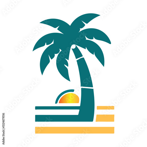 This image showcases a tropical-themed logo designed to represent a summer vacation concept. The logo features a stylized palm tree with green leaves and a segmented trunk, symbolizing relaxation.