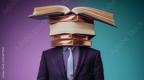 Businessman with stack of books instead of head against gradient background