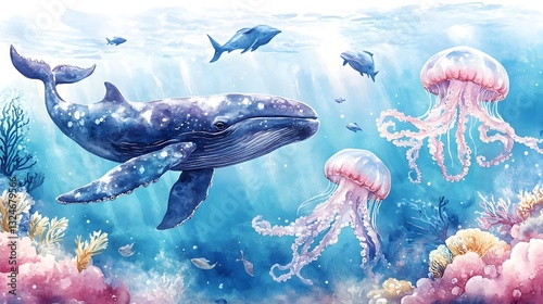 an illustration of a serene underwater scene with whales, fish and jellyfish