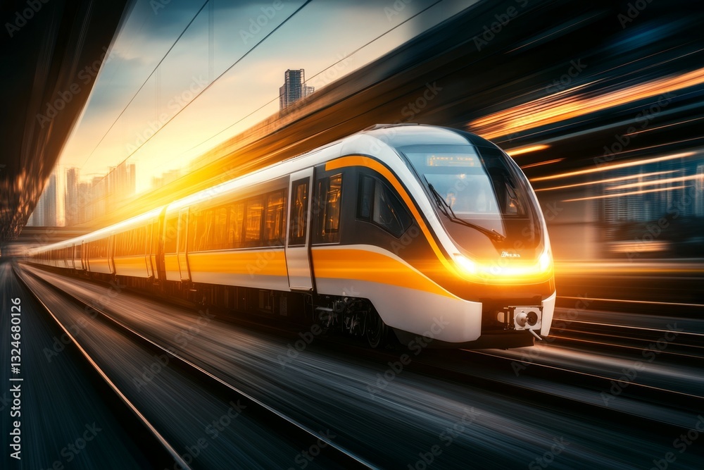 Fototapeta premium An electric train moving through a countryside landscape, emphasizing efficient and low-emission travel