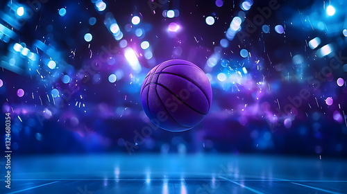 A 3D Rendered Purple Basketball Hovering Over a Glowing Blue Court with Sparkling Lights