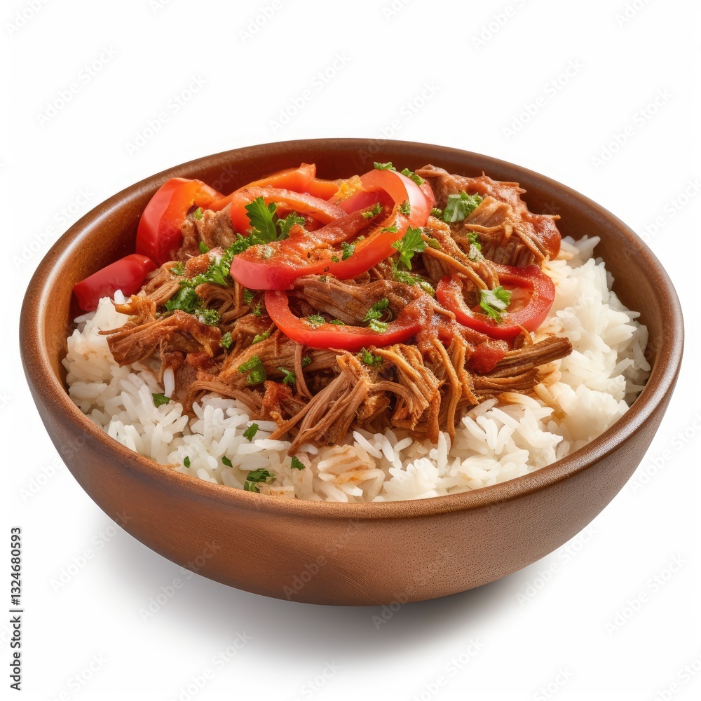 A Hearty Bowl of Shredded Meat and Rice with Fresh Vegetables A Hearty Bowl of Shredded Meat and Rice with Fresh Vegetables