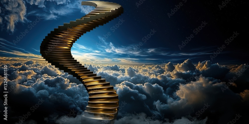Obraz premium Ascending Staircase to the Heavens: Journey Above the Clouds, Paradise, Success Concept.
