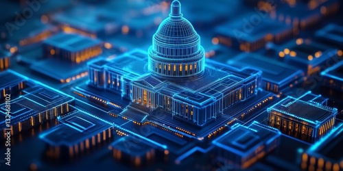a digital rendering of a building, a futuristic representation of a government building, the architecture is highlighted with glowing lines.